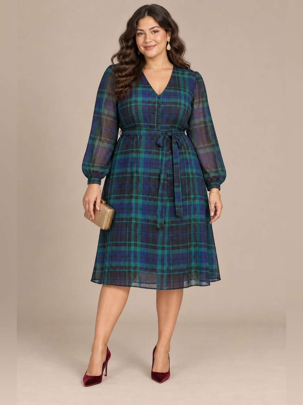 A New Day Green Blue Plaid Long Sleeve Tie Waist Midi Dress XL Academia Holiday